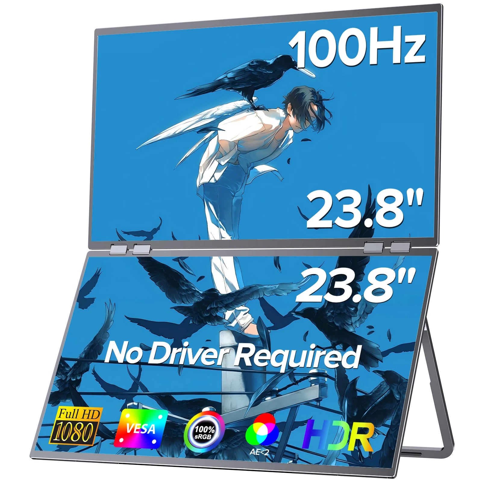 Portable Dual Monitor 23.8" 100Hz FHD 1080P Stacked Vertical Displays for Gaming Coding Working USB-C HDMI Laptop Screen Extende