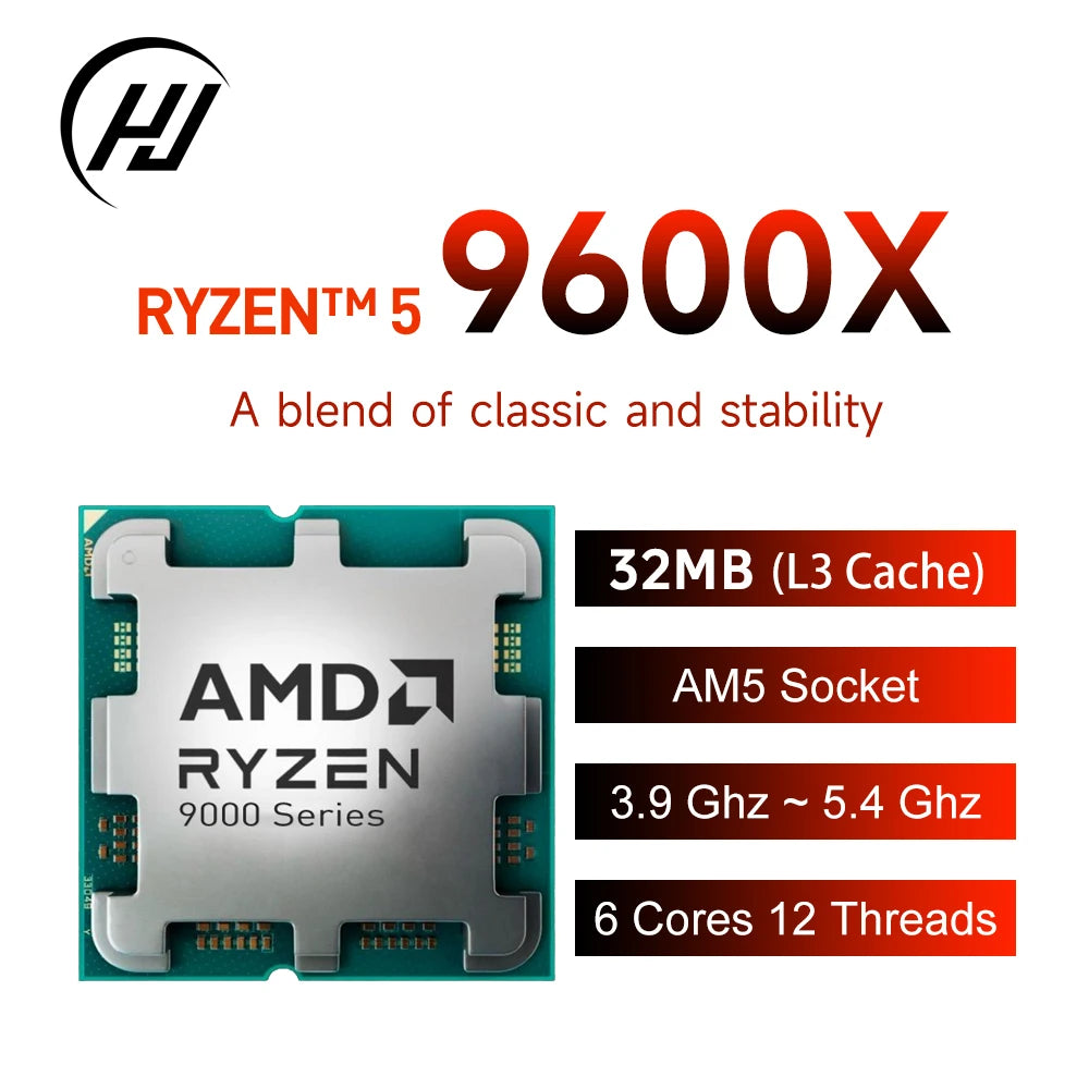 AMD R5 9600X Ryzen 5 9600X 5.4GHz 6-Core 12-Thread 38MB Game Cache 4NM TDP 65W DDR5 Socket AM5 Zen 5 New Gaming CPU Processor
