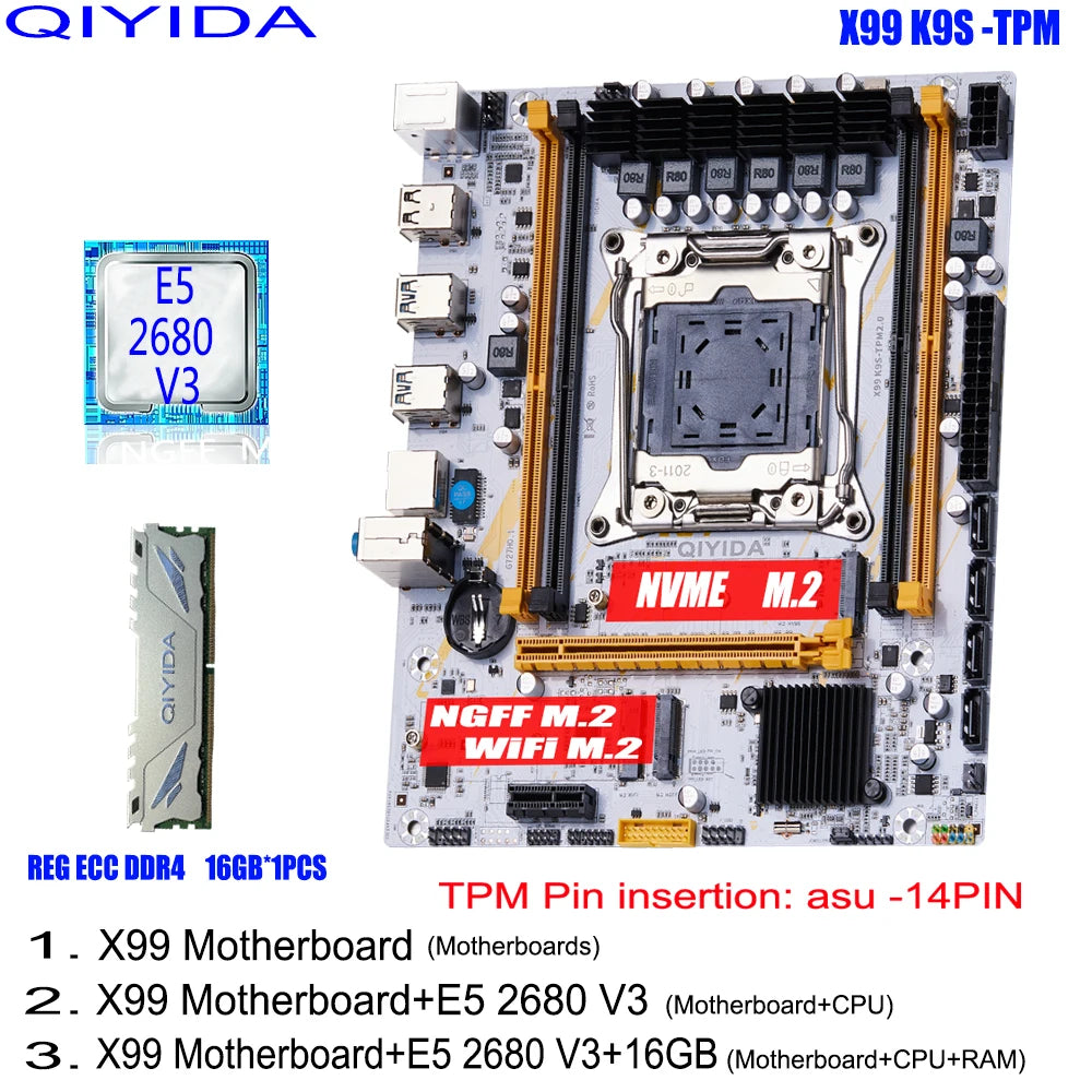 QIYIDA X99 Motherboard set LGA2011 3 kit With Xeon E5 2680 V3 CPU Processor support DDR4 RAM Memory 16GB NVME M.2 NGFF X99C612