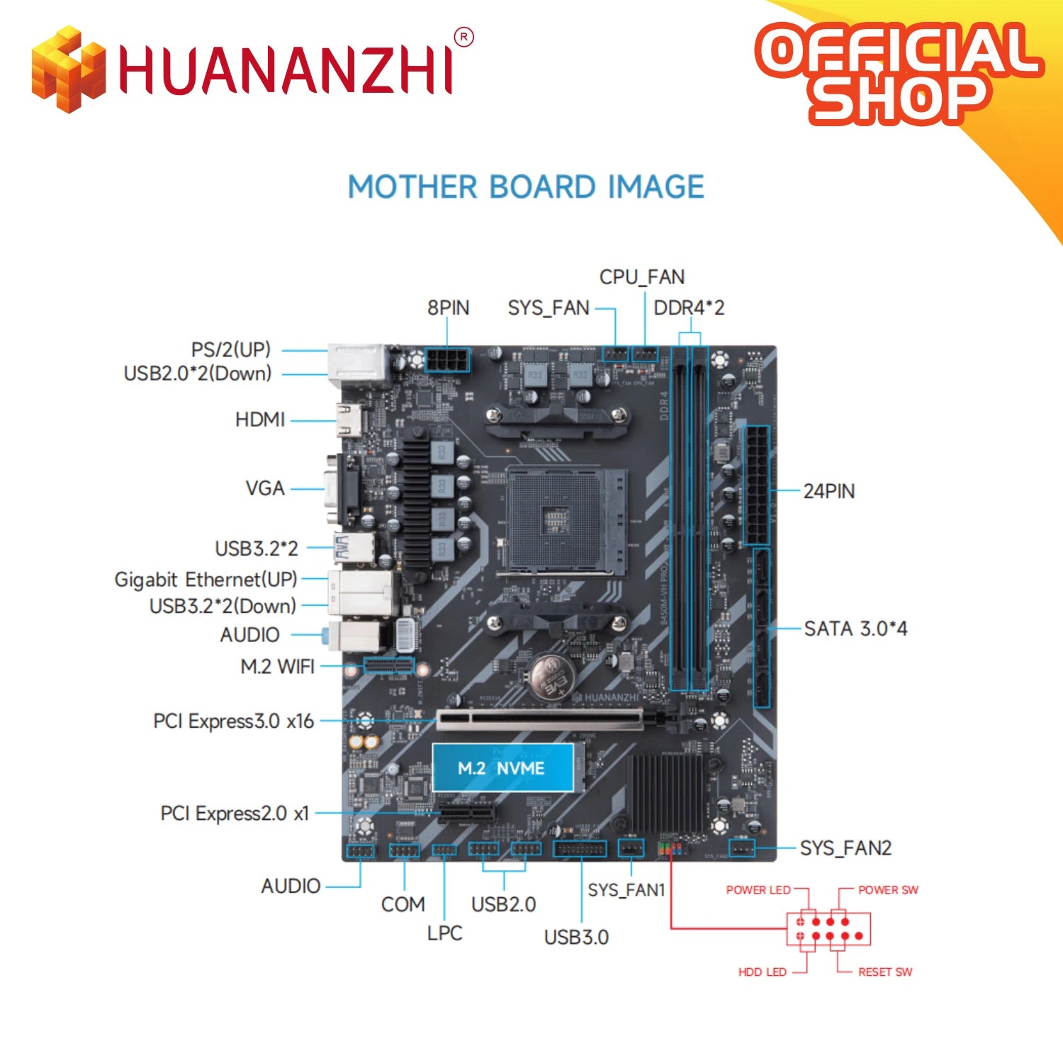 HUANANZHI AMD B450M VH AM4 Motherboard USB3.2 M.2 Nvme Sata3.0 Support Ryzen 5500 5600 5600G CPU M.2 WIFI PCIE 3.0 Micro ATX