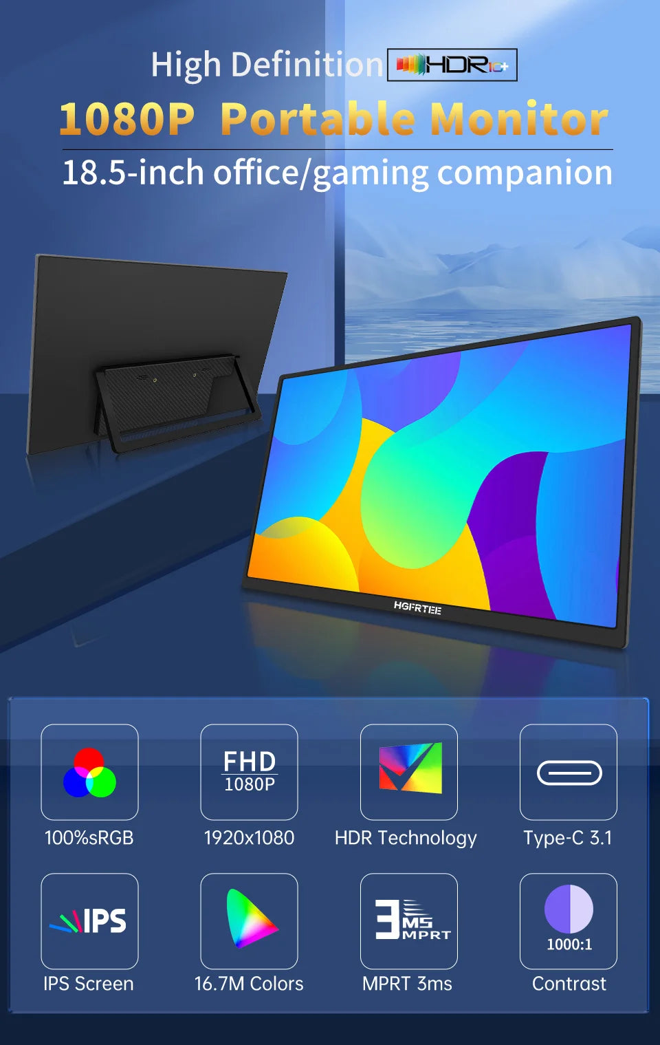 HGFRTEE 18.5inch Portable Monitor ADS-IPS 100Hz RGB100% Extended Display Laptop Second Screen With VESA Hole&Stand