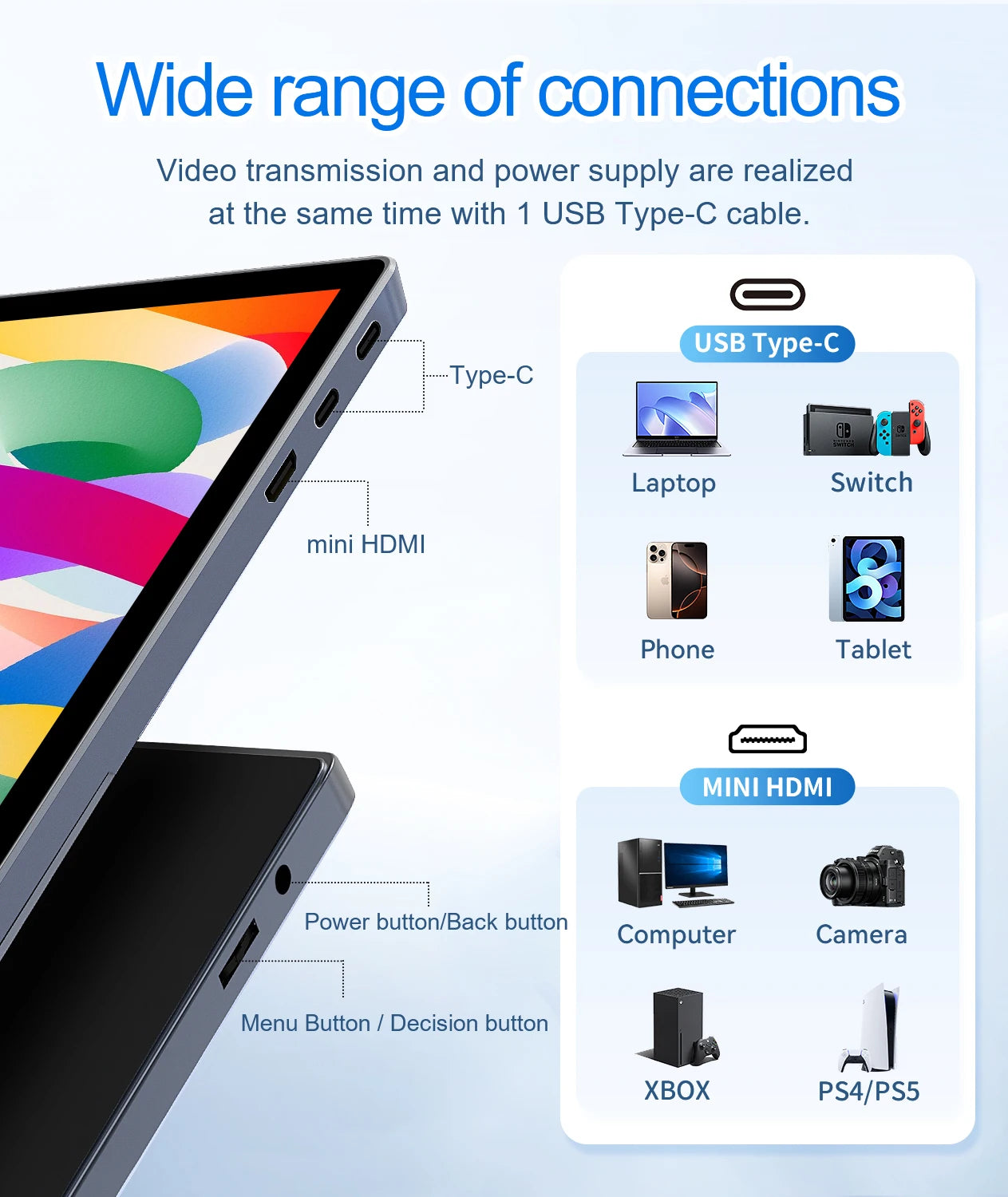 HAILESI 10.5inch Portable Display for gaming/PS5/Switch/Xbox for office/productivity/remote work USB‑C Mini HDMI Touch screen