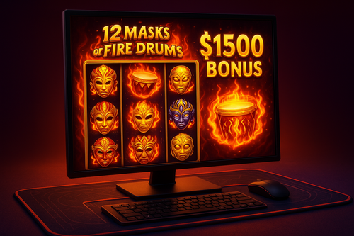 Generate an image related to 12 masks of fire drums casino game. and feature $1500 Bonus on it. It should have vibrant colors, properly aligned slot machine and game mask element. It should be placed inside a gaming playmat for PC