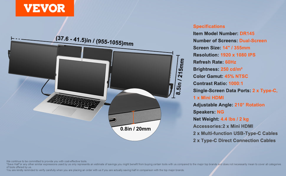 VEVOR 14"/18.5'' 1080P IPS Dual Extended Swivel Portable Monitor for USB-C/USB-A/Mini HDMI Port with Mac/Wins/Android/Switch/PS5