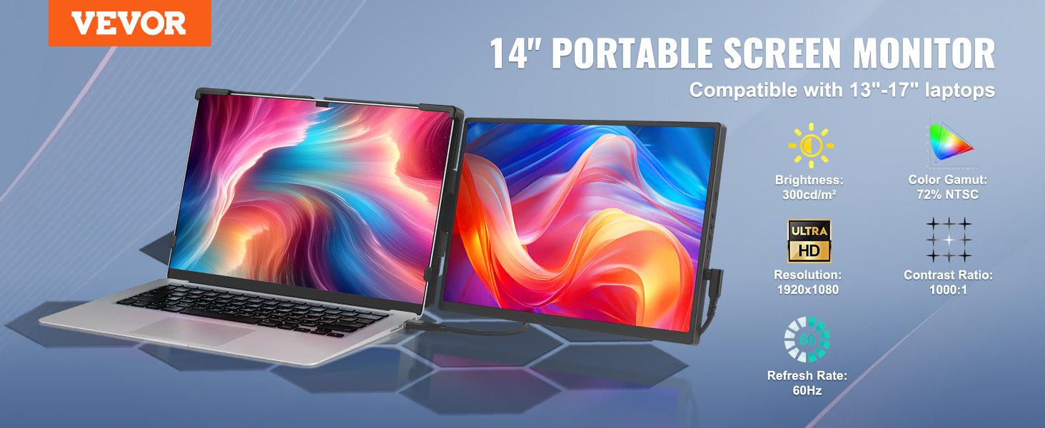 VEVOR 14"/18.5'' 1080P IPS Dual Extended Swivel Portable Monitor for USB-C/USB-A/Mini HDMI Port with Mac/Wins/Android/Switch/PS5