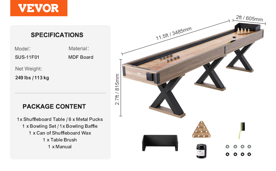 VEVOR Shuffleboard Table Shuffleboard for Family Game Rooms 2 in 1 Shuffleboard and Bowling Combo Game Set with Playfield Legs