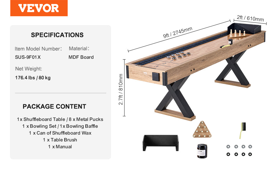 VEVOR Shuffleboard Table Shuffleboard for Family Game Rooms 2 in 1 Shuffleboard and Bowling Combo Game Set with Playfield Legs